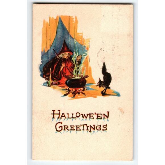 Halloween Postcard Gibson Witch Stirs Cauldron Black Cat Fantasy 1928 Gibson